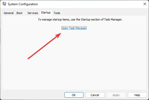 "Open Task Manager" option via System Configuration.