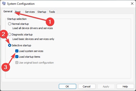 "General" tab options in System Configuration window.