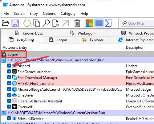 "Logon" tab in Autoruns app for Windows.