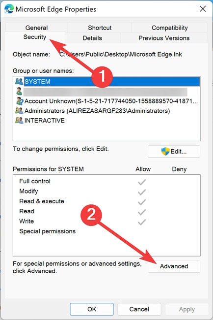 "Security" tab in file properties.