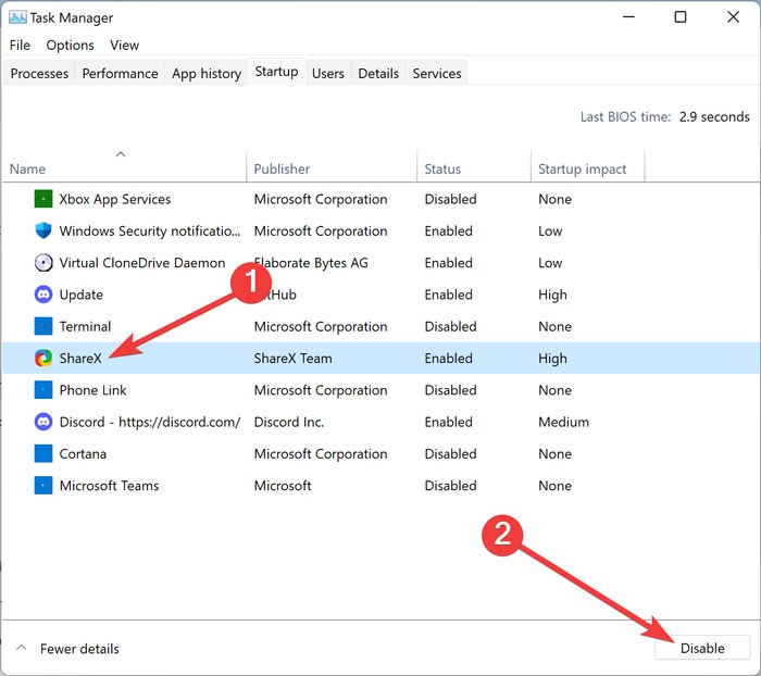 Disable apps via Task Manager.