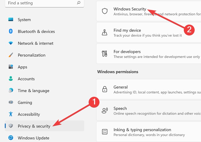 Clicking on "Windows Security' in Settings.