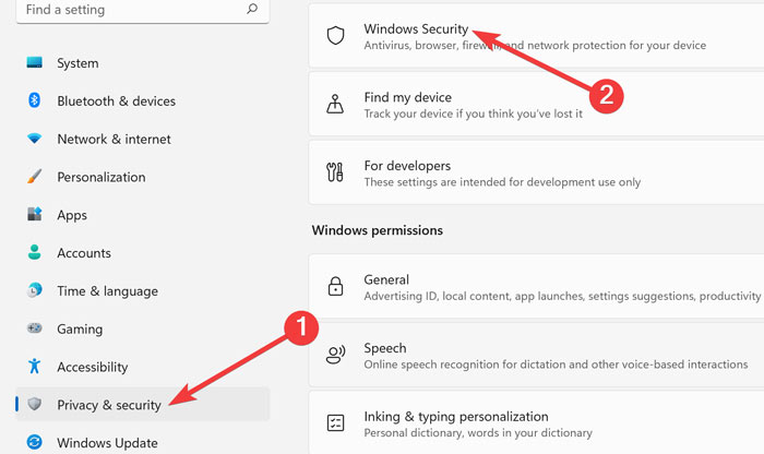 Clicking on "Windows Security' in Settings.