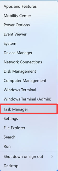 Clicking on "Task Manager" via the Quick menu in Windows.