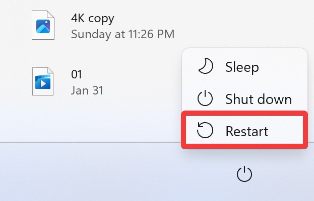 Restart menu visible with options.
