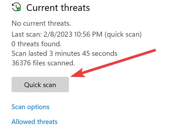Initiating a "Quick scan" in Windows.
