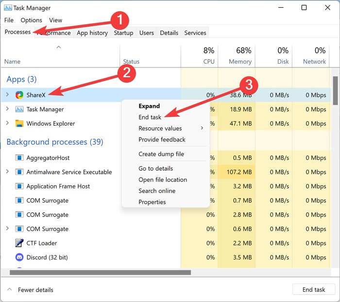 Ending a task in Task Manager.