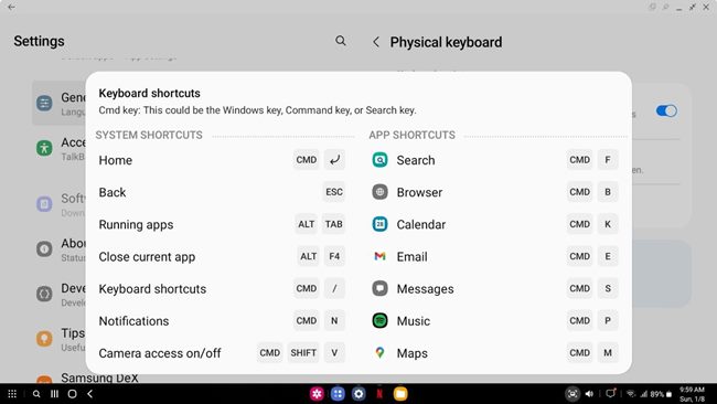 Samsung Dex Keyboard Shortcuts View