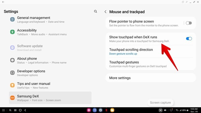 Samsung Dex Touchpad Show Automatically