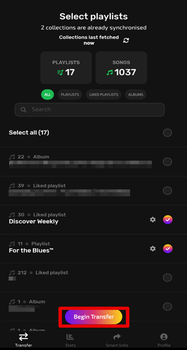 Select Playlist Begin Transfer