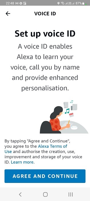 Set up your voice ID in Alexa app by agreeing and continuing. 