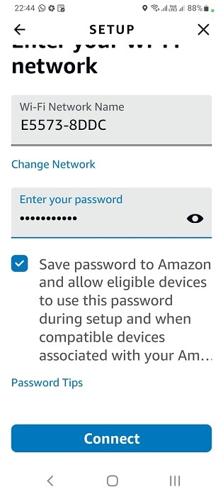 Enter the password for Wi-Fi network in Alexa app. 