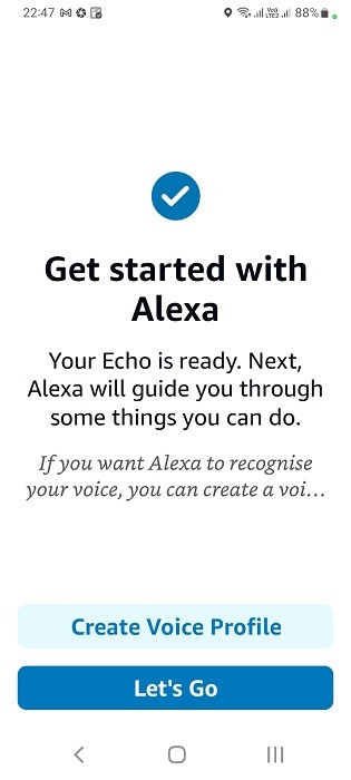 Your Echo is ready success message on the Alexa app.