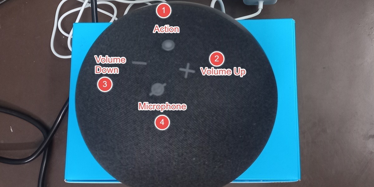 Physical buttons on top of Amazon Echo 4th Generation Device