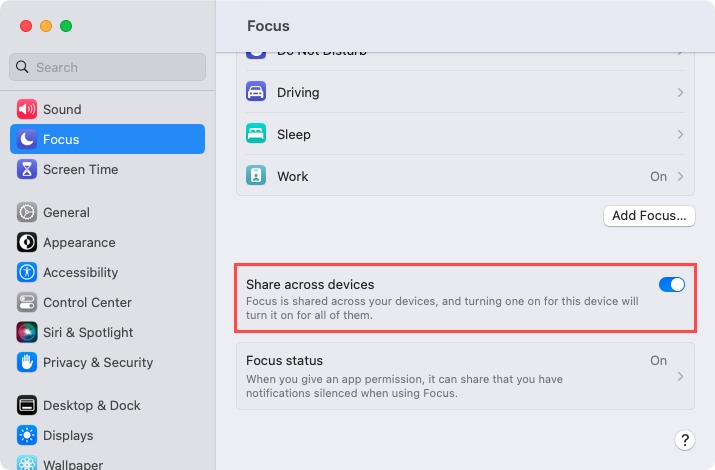 Share Across Devices settings for a Focus on Mac