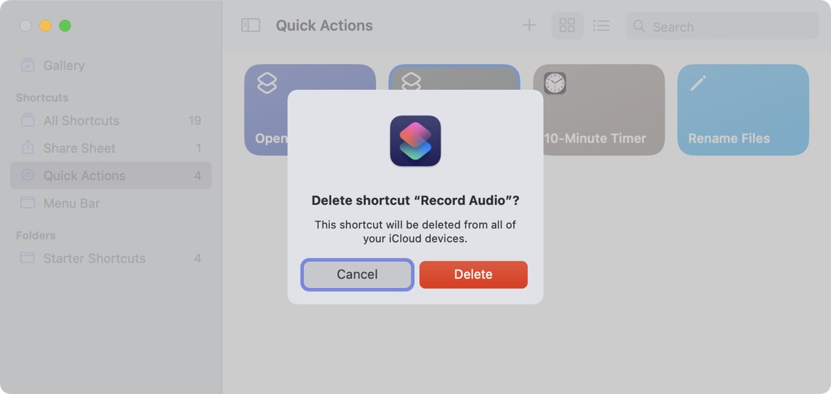 Confirm Delete for a shortcut