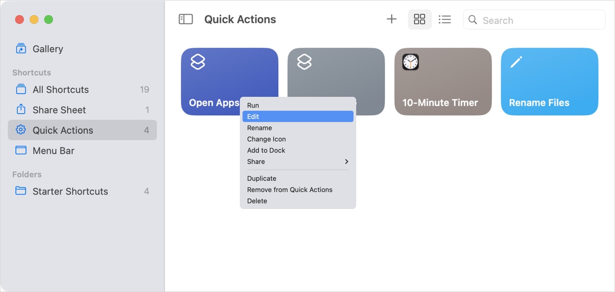 Edit in the Shortcuts menu