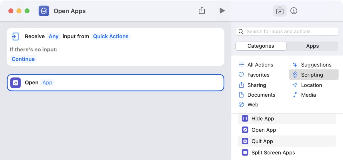 Open Apps action in Shortcuts