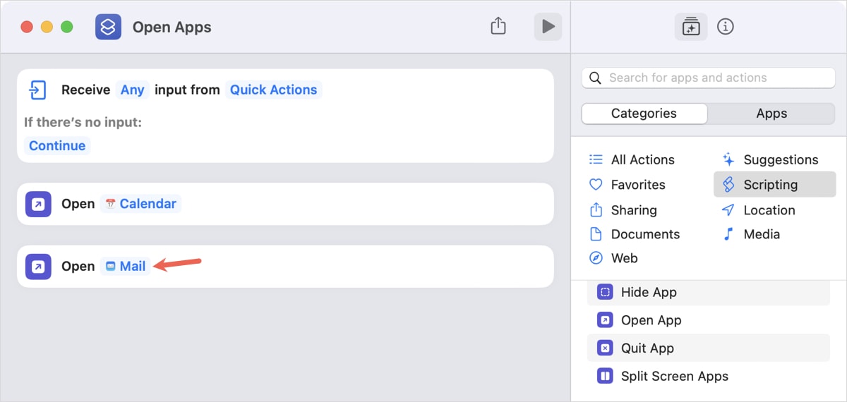 Second action added for the Open Apps shortcut 