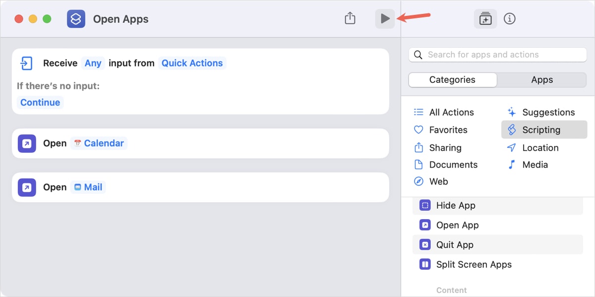 Play button in Shortcuts