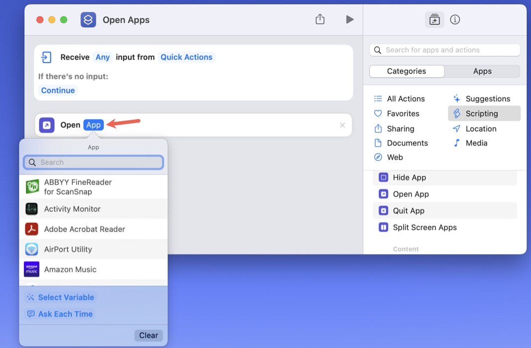 Open Apps shortcut app selection box