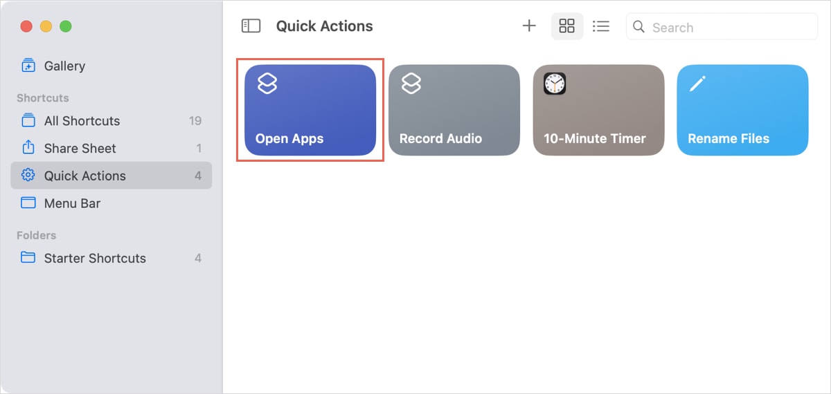 Open Apps Quick Action in Shortcuts