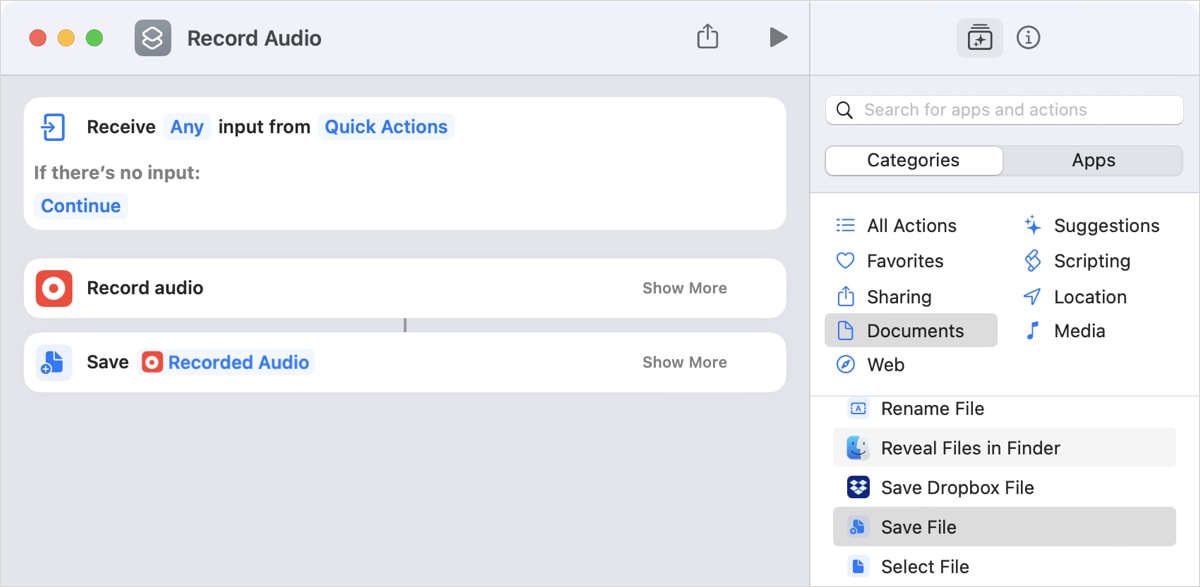 Save File action for a shortcut