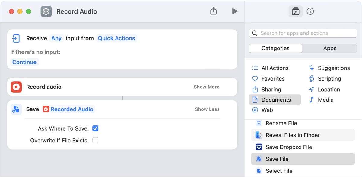 More Record Audio action settings