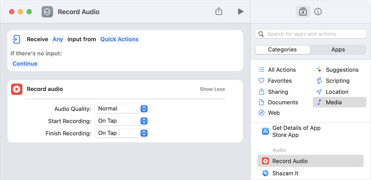 More Record Audio action settings