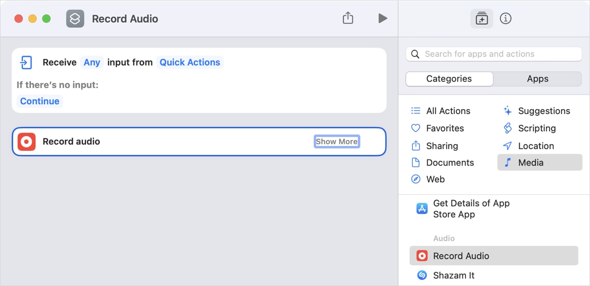 Record Audio action in Shortcuts