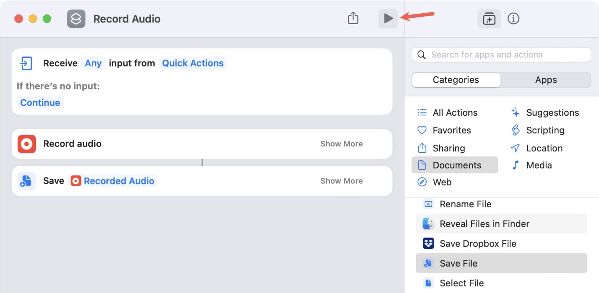 Shortcuts Play button