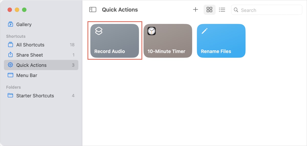 Record Audio Quick Action in Shortcuts