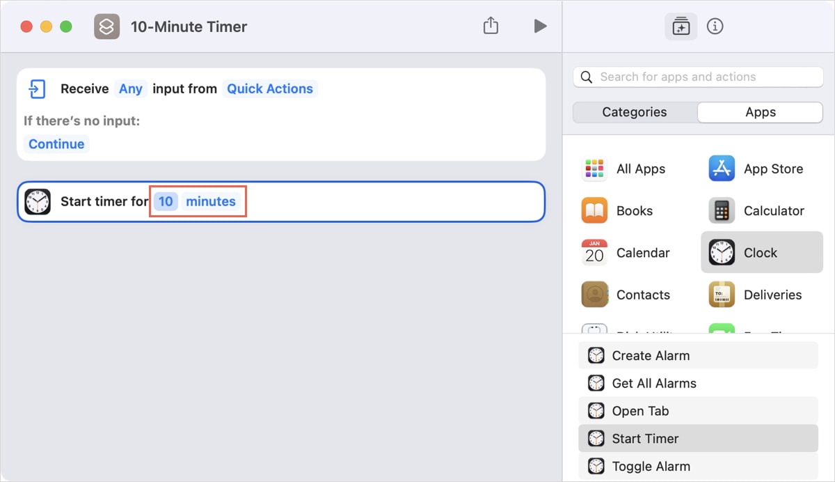 Set Timer action settings