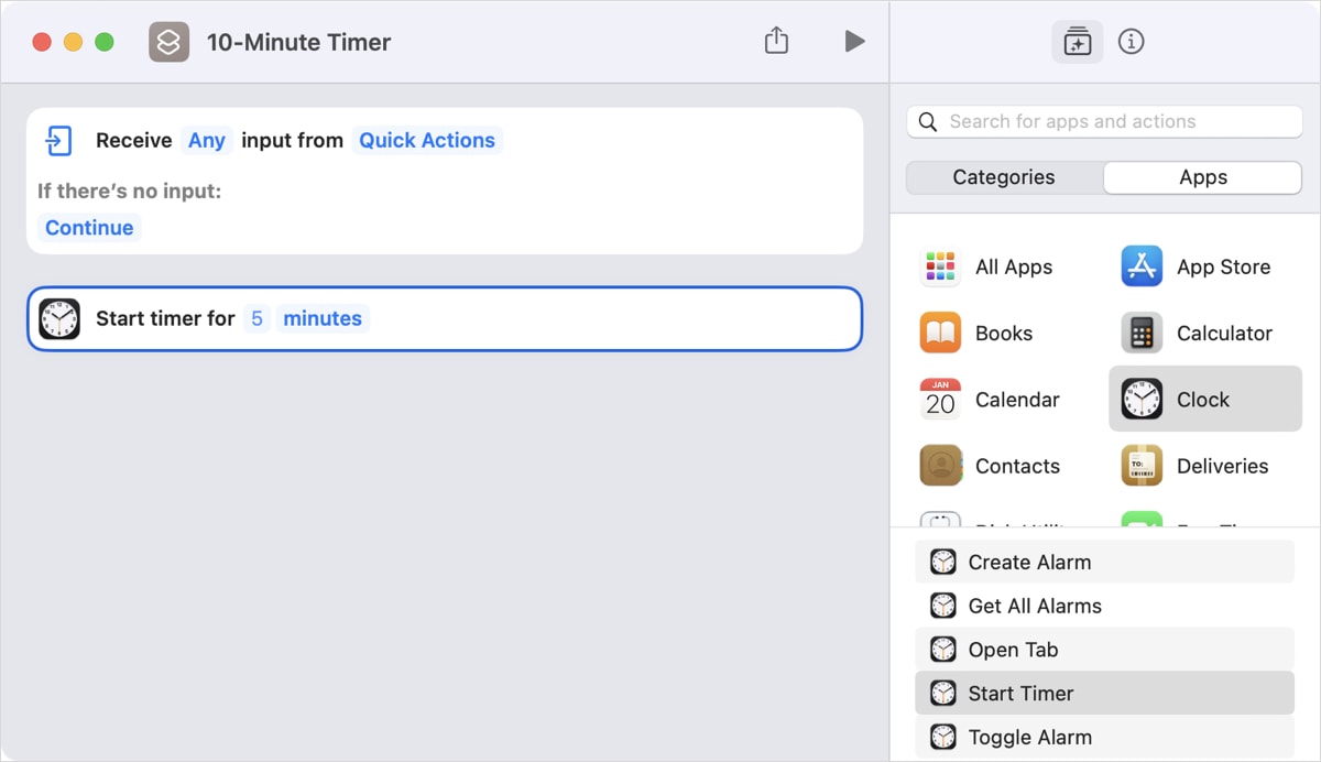 Start Timer action in Shortcuts