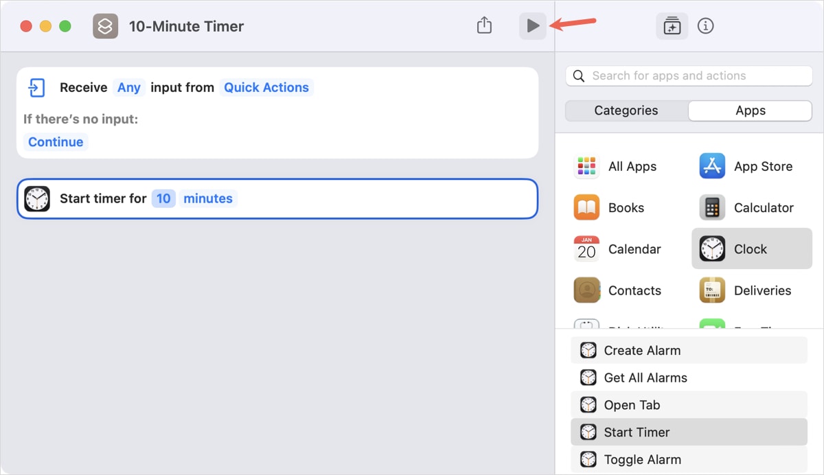 Play button for the Set Timer shortcut