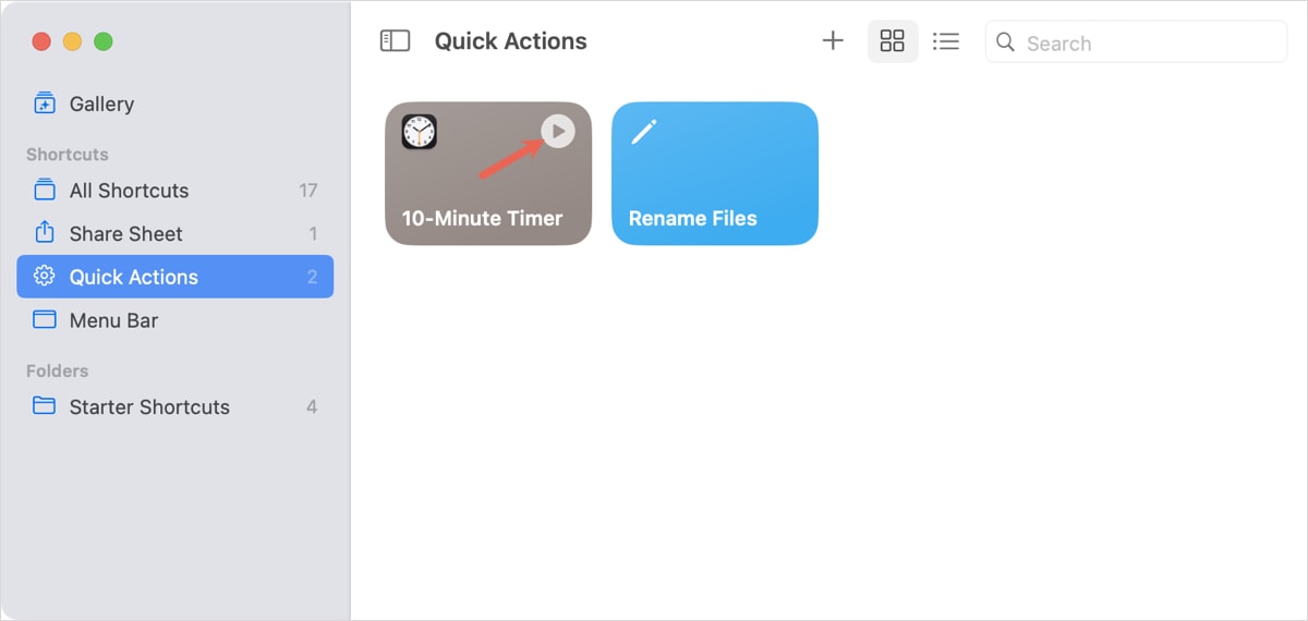 Set Timer play button in Shortcuts