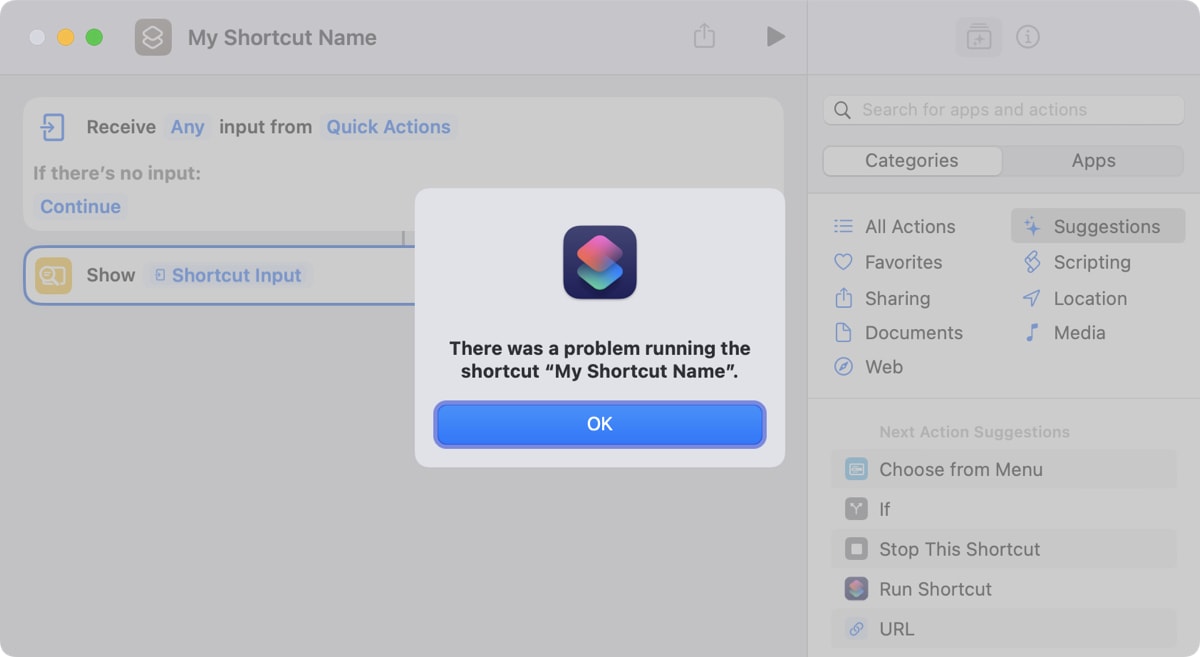 Shortcuts error message