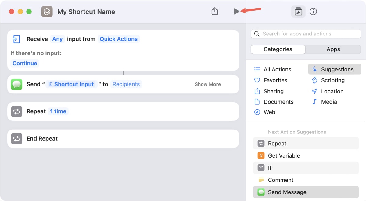 Play button in Shortcuts