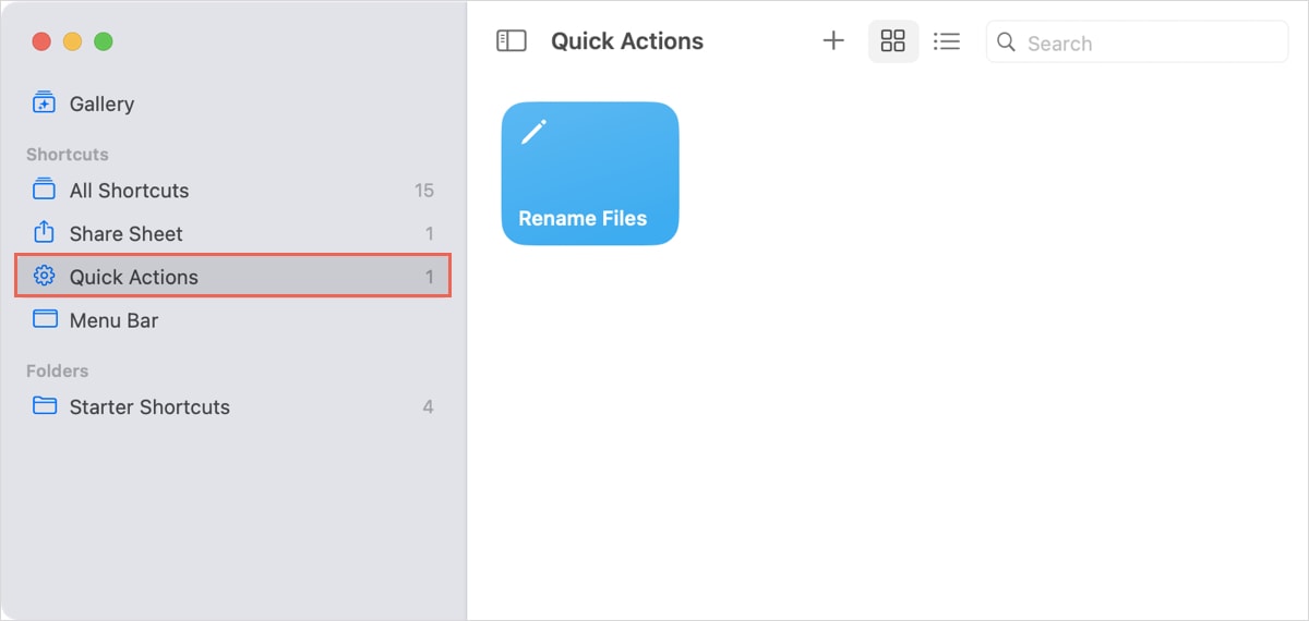 Quick Actions in the Shortcuts sidebar