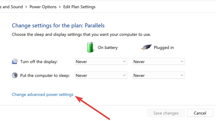 Clicking on "Change advanced power settings."