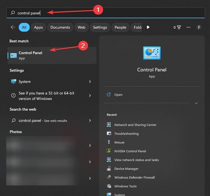 Typing "Control Panel" in Windows Search. 