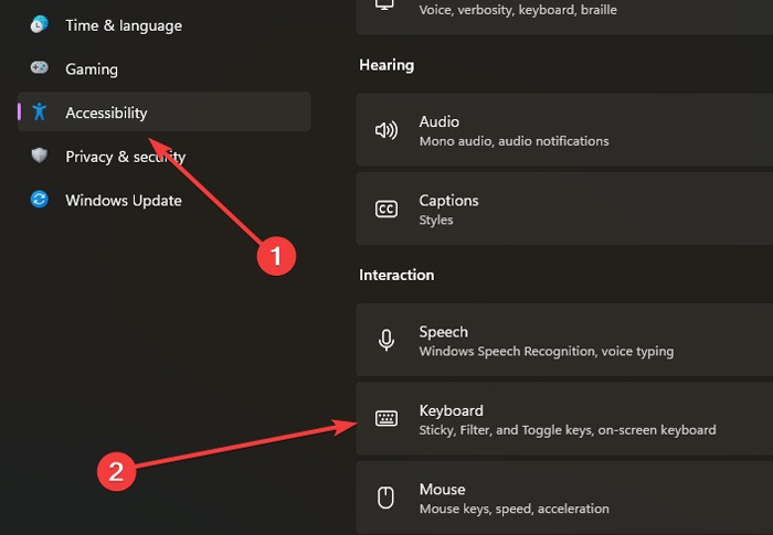 Accessing the Accessibility menu in Windows.
