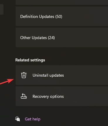 "Uninstall updates" section in Windows Settings.