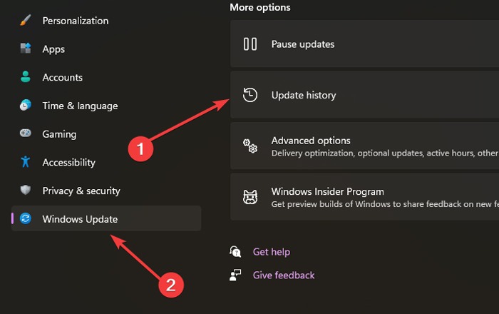 "Update history" option under Windows Update in Settings.