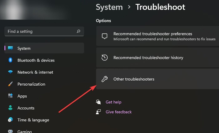 Other Troubleshooters option under System in Settings.