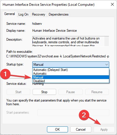 Changing "Startup type" for HID.