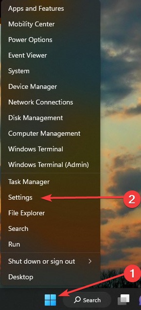 Clicking on Settings from Quick menu in Windows. 