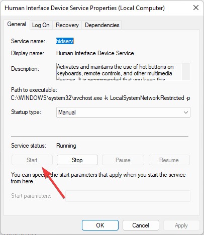 Start "Human interface device service" in Windows. 