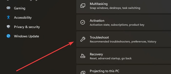 Troubleshoot menu under System in Settings.