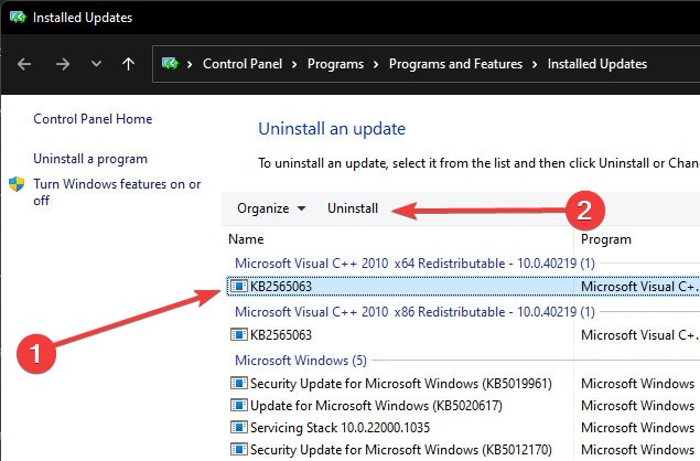 Viewing the latest updates installed on Windows PC.